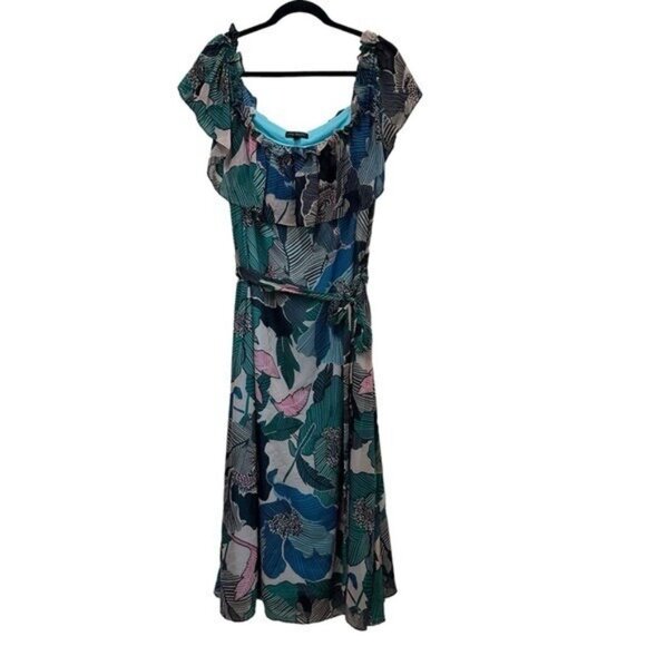 Lane Bryant 16 Petite Maxi Dress Off the Shoulder Ruffle Blue Green Floral Leaf - Picture 1 of 10